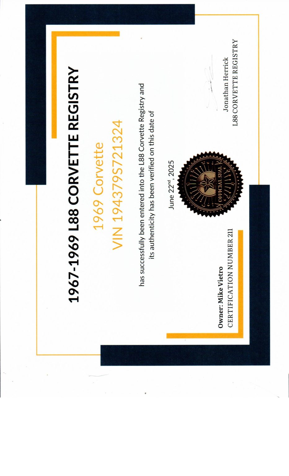 '69 Gold L88 Registry Cert