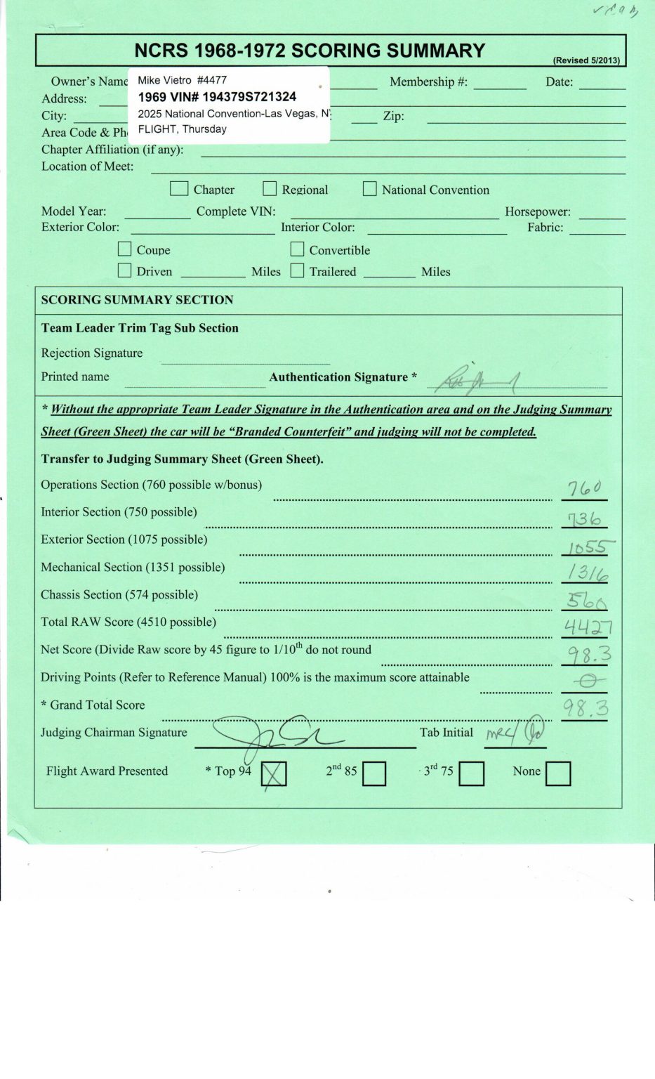 '69 Gold L88 TF Score Sheet